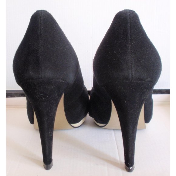 NUDE FOOTWEAR BLACK BEIGE PATENT LEATHER SUEDE RUFFLE PUMP HEELS  7.5 NEW - Picture 5 of 9